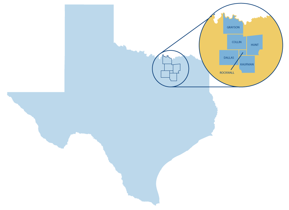 Map of Texas Counties: Collin, Hunt, Dallas, Kaufman, Grayson, and Rockwall